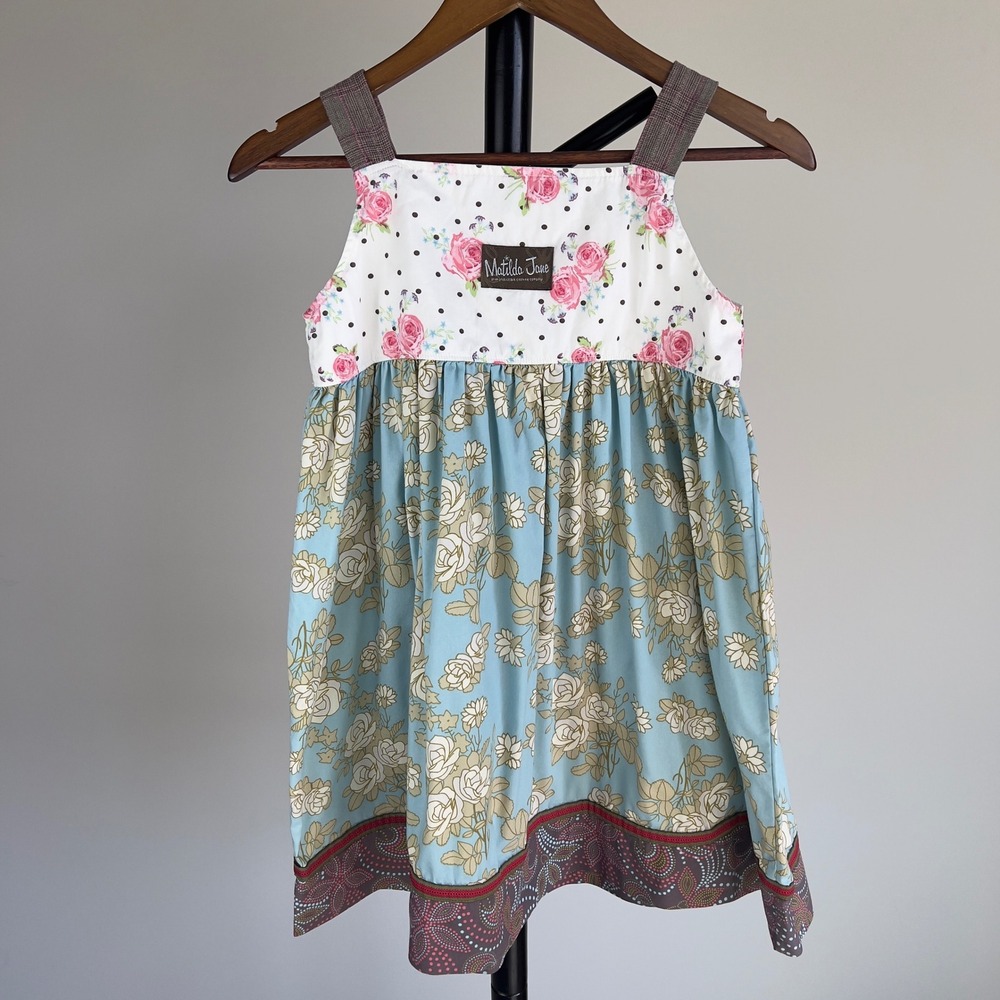 Matilda Jane Girls Size 10 Floral Patchwork Tiered Knot Dress Pink Blue Brown - Picture 2 of 12